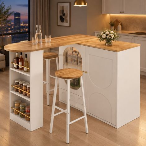 Set bar cucina con tavolo isola, vano contenitore e 2 sgabelli, bianco DESVIAE (1/5)