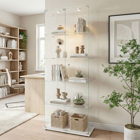 Vitrine collection, vitrine en verre 5 niveaux, LED, vitrine murale, 2 portes, armoire d'exposition moderne, protection anti-poussière, pour salon, étude(Blanc, Éclairage à clapet)