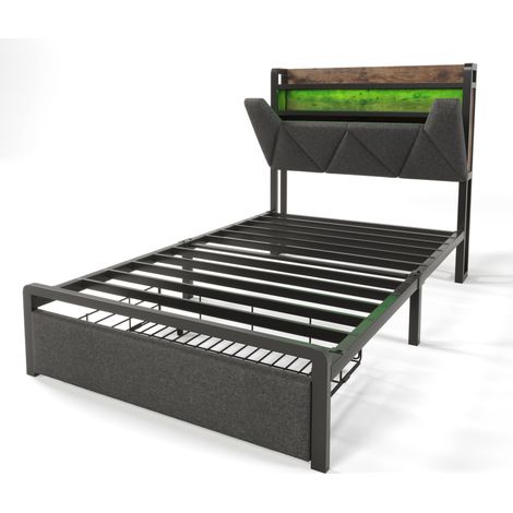 Lit coffre 90 x 200 cm en lin gris avec LED, USB-C, tiroirs et cadre métal (1/5)