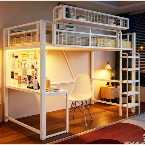 Lit mezzanine 90x200 cm avec bureau, LED et prise, rangement, échelle sécurisée, pour chambre, métal - blanc (1/5)