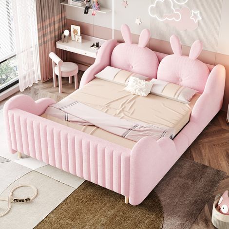 Lit enfant double 140 x 200 cm matelas non inclus coussins lapin velours rose légèrée protections nuages sécurité confortable (1/5)