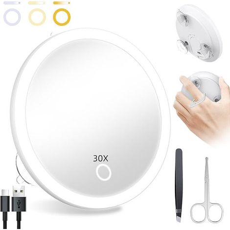 Miroir grossissant à ventouse - Miroir de voyage - Grossissement x30 - Portable - Miroir de main avec poignée et 3 lumières colorées - avec 3 ventouses (1/5)