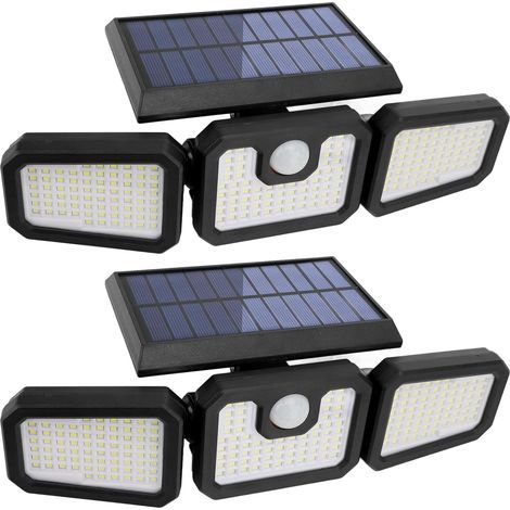 Ej.Life Lot de 2 lampes solaires d'extérieur à 210 LED 2500 lm Détecteur de mouvement Éclairage solaire Étanche IP65 3 têtes Spot Projecteur mural Grand angle 360° pour garage, cour, porche (1/5)
