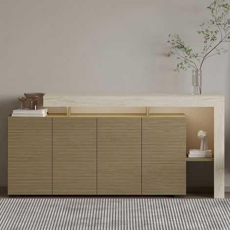 Buffet 4 portes décor bois et travertin cadre ouvert AURA (1/5)