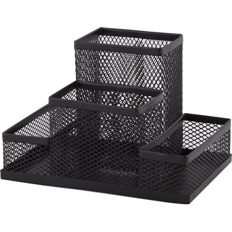 Organiseur de bureau, Pot à Crayons en Métal, 103 x 200 x 103 mm, Étagère de Bureau avec Porte-notes en Maille, Multifonctionnel Organisateur de Bureau, Accessoire de Rangement pour Bureau Noir (1/5)
