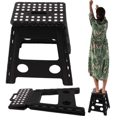 Sgabello pieghevole bianco e nero con gambe antiscivolo, sedile pieghevole - altezza 39 cm, portata massima 100 kg