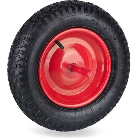 Roue de brouette pneumatique 3.50-8 Jante en acier rouge Capacité de charge 120 kg Axe fixe pour résistance aux chocs (1/5)