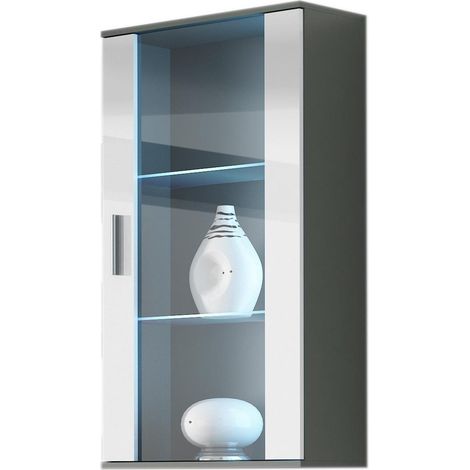 Vitrina colgante Cama FURNITURE Soho - Gris/Blanco brillante, mueble de pared con iluminación LED (1/3)