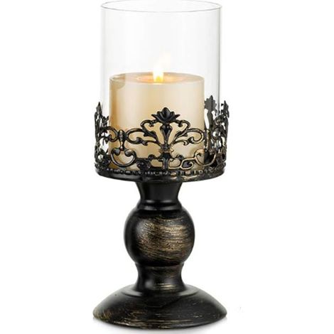 Portavelas de pilar con tapa de rejilla de vidrio, candelabro de metal antiguo tipo huracán, perfecto para la decoración de centros de mesa. (1/4)