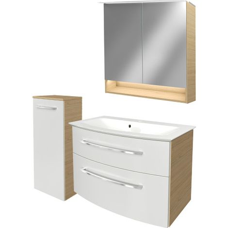 Fackelmann B.STYLE Badmöbel Set mit Waschbecken mit Unterschrank 80 cm breit – Spiegelschrank Bad mit Beleuchtung und Midischrank in Weiß mit Holz braun – Badezimmermöbel in Sandeiche Holzoptik"-"9018 (1/5)