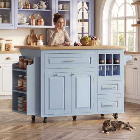 REDOM - Carrito de cocina 143x75x91 cm, encimera abatible, cajones y soporte lateral para snacks, MDF azul (1/5)