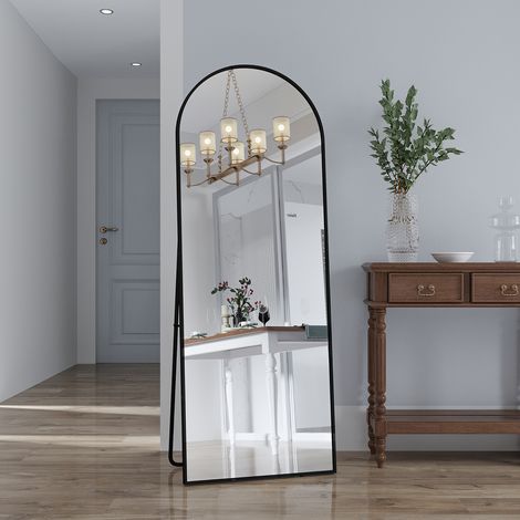 JOOKGBD- Miroir complet arqué 162x53 cm, Miroir sur pied bombé en aluminium, Miroir mural ou au sol, Grand miroir pleine longueur pour chambre salon entrée, Aluminium, Noir