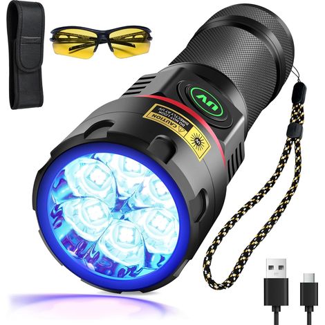 Lampe Torche UV 395 nm Lumière Noire [6xLED Quad-ricœur], Lampes de Poche Puissante 80W Rechargeable Lampe Wood Ultraviolette, Résine Durcissante, Détecteur pour d'Urine, Verre d'Uranium (1/5)