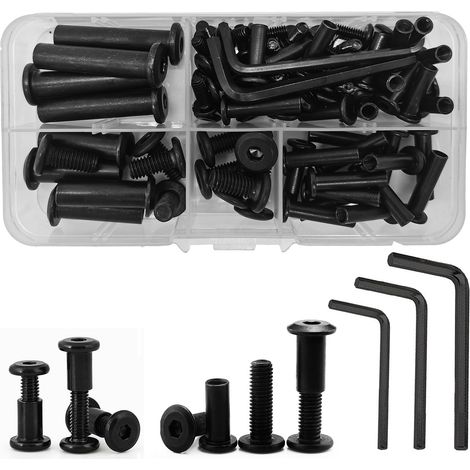 Lot de 40 Vis de Connexion M6/M4 pour Meubles - Douille en Acier Nickelé - Raccordement pour Armoire - Connecteur de Meubles - Noir (80 Pièces) (1/5)