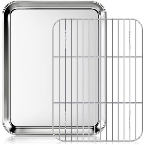 Plaque à pâtisserie avec grille, plaque pour four en acier inoxydable 28.7 x 23.4 x 2.8 cm, pour cuire, rôtir et servir (1/4)