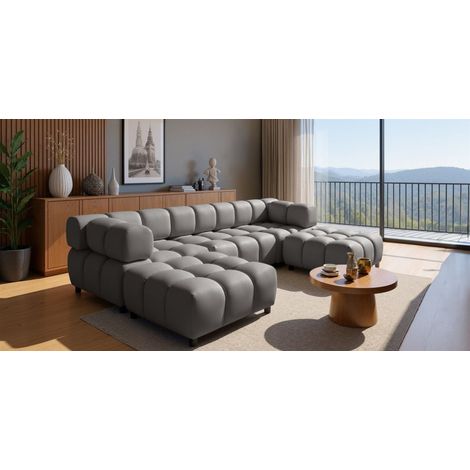 Sofa Designersofa FLOW 3-Sitzer inkl. 2 x Polsterhocker Stoff Bluvel Dunkelgrau