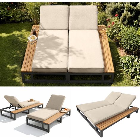 Chaise longue double de jardin beige avec dossier inclinable, étagères, bain de soleil modulable résistant à l’eau (1/5)