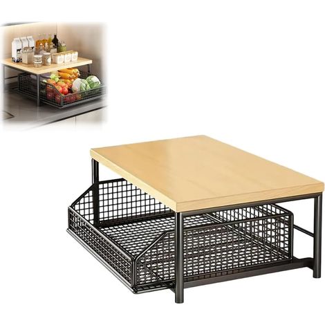 Organiseur de comptoir cuisine pour économiser l'espace avec panier tiroir en métal et bois café, grille-pain à épices - (1/5)