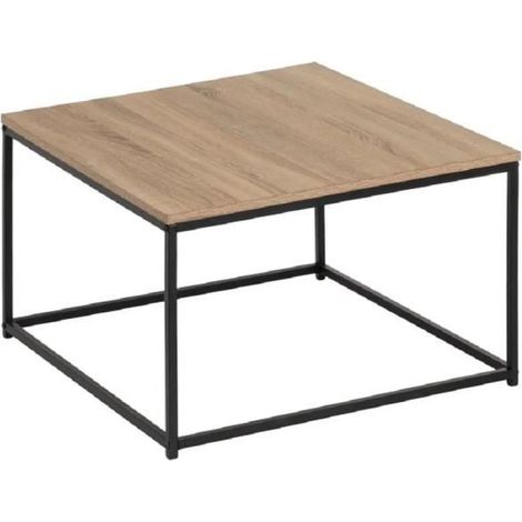 Table basse carrée en panneaux de particules coloris chêne avec base en métal noir - Longueur 70 x Profondeur 70 x Hauteur 40 cm (1/4)