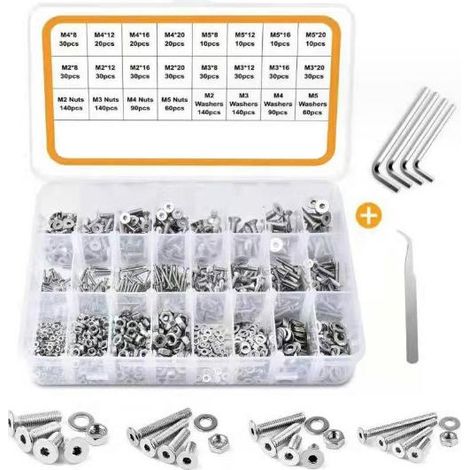 Vis assortiment M2-M5 acier inoxydable 1230 pièces tête plate six pans creux (1/5)