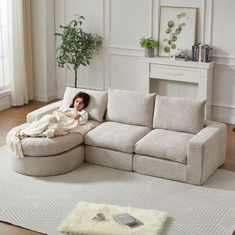 Canapé d'angle modulable en chenille avec méridienne, mousse compressée, aucun assemblage requis - 251x160x81cm - Beige