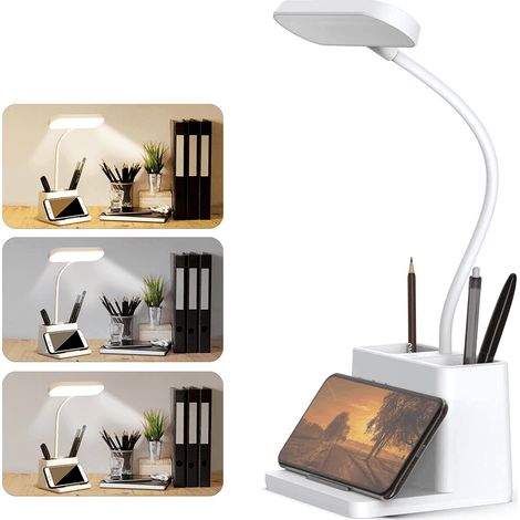 Schreibtischlampe mit Stifthalter und Handyhalterung, ideal für Büro und Zuhause - 3-stufig dimmbare LED-Schreibtischlampe mit USB-Anschluss.