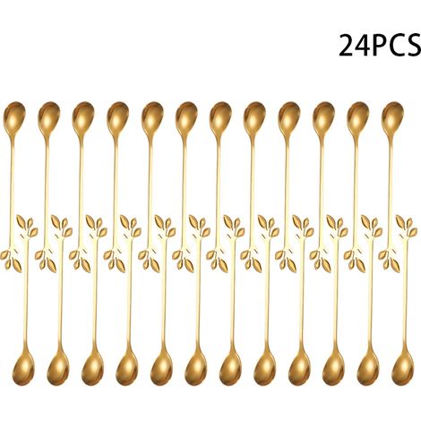 (Ensemble doré de 24 pièces) Cuillère à thé en forme de feuille, fourchette à thé, couverts à long manche en acier inoxydable, cuillère à glaçons, fourchette longue, cuillère à dessert, fourchette à f (1/5)