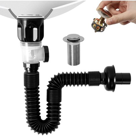 Kit de vidange pour lavabo, tuyau de vidange flexible en P avec bouchon à ressort, pour lavabos avec trous de 1-1/4 po et 1-1/2 po (1/5)
