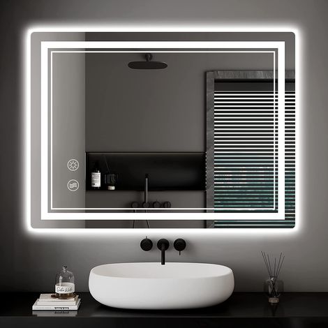 Miroir de salle de bain avec éclairage LED, miroir de maquillage mural avec commande tactile, fonction antibuée et réglage de la lumière tricolore, 60 x 80 cm