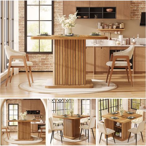 Table de Cuisine 80 x 80 cm rangement intégré plateau carré bandes en relief verticales aspect bois brun foncé (1/5)