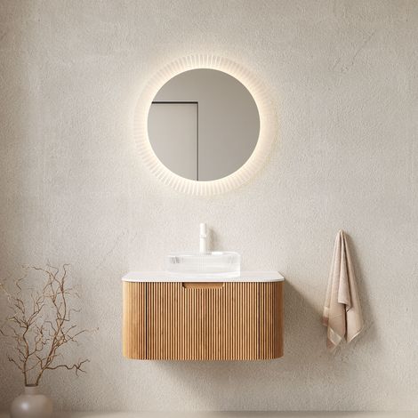 Meuble vasque suspendu de 76 cm avec vasque ronde en verre transparent, plan de travail blanc Carrara, bords arrondis, caisson en contreplaqué rayé avec tiroir, pré-assemblé, couleur bois naturel (1/5)