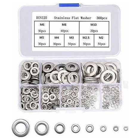 Rondelle Plate en acier inoxydable, 360 Pcs Rondelles Plates Assortiment Kit Rondelle de Serrure Assortiments de Laveuses pour l'étanchéité des Vis Bagues D'étanchéité inox (1/4)