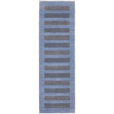 Tapis en laine Stripy - Tapis en laine - 250x80cm, Rectangular - 100% Laine vierge - Tissé main - Bleu (1/4)