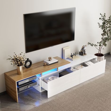 Mobile TV 170x33x33,5 cm in pannello di legno bianco e legno, con spazio contenitore FloraGrace (1/5)
