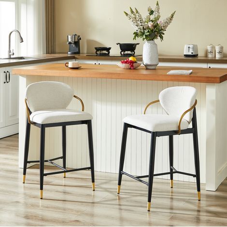 2er-Set Barhocker Beige aus Chenille mit Rückenlehne, höhenverstellbar, Schwarz und Gold (1/5)