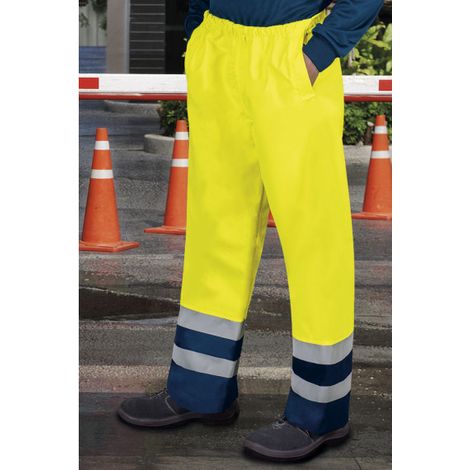 Pantalón impermeable de Alta Visibilidad, con cintas retro-reflectantes termo-fijadas EN 20471 y EN 343 VALENTO NARVIK M Amarillo flúor / Azul marino (1/3)