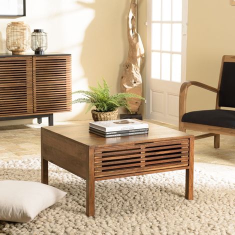 ALIX - Table basse carrée 70x70cm en bois manguier 2 tiroirs ajourés (1/5)