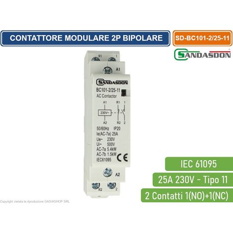 SANDASDON CONTATTORE MODULARE SU BARRA DIN 2P BIPOLARE 25A 230V 1 CONTATTO APERTO NO + 1 CONTATTO CHIUSO NC TIPO 11