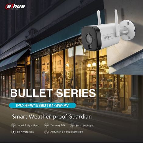 Telecamera Bullet Wi-Fi 6 Dahua IPC-HFW1539DTK1-SAW-IL da 5 MP con visione notturna a colori AI e rilevamento di persone/veicoli (1/5)
