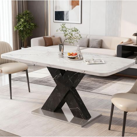 Mesa de comedor rectangular extensible 120-160 cm en MDF blanco efecto mármol y negro con base de acero (1/5)