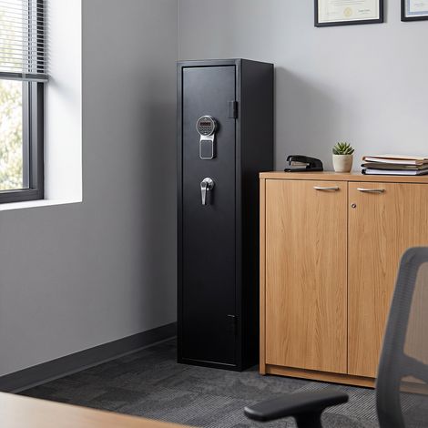 Armoire à fusils noire avec serrure électronique à code et clé pour 10 carabines, 30 x 28 x 138 cm, pour chasse et tir sportif (1/3)