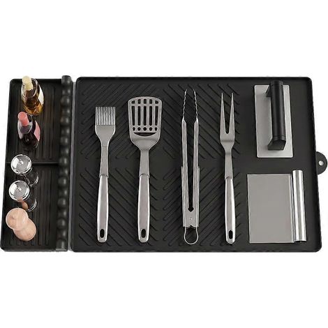 Tapis latéral de barbecue en silicone noir, bac récupérateur de graisse pour plan de travail extérieur (1/5)