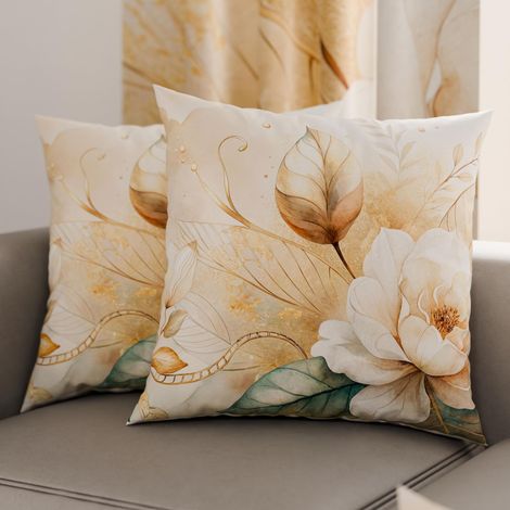 Lot de 2 Taies d'Oreillers 40x40 cm 100% Microfibre Hypoallergénique, Housse Oreiller Rectangulaire Motif Floral Dorés, Paquet de 2 (1/3)