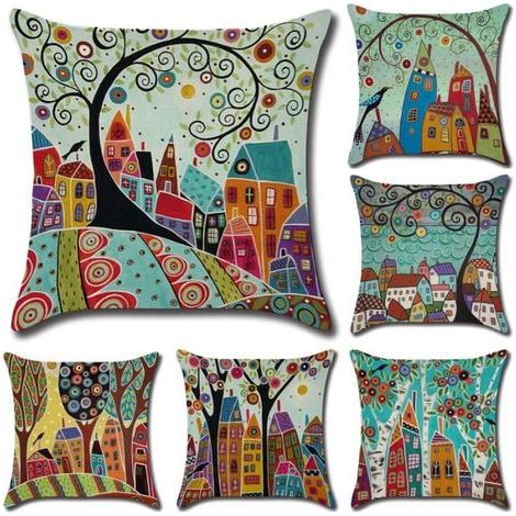 6 pcs 45x45cm linen-cotton printed cushion covers for bed, sofa, or car.