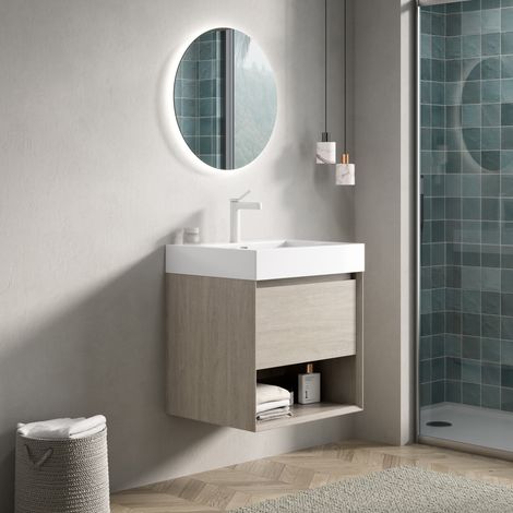 Meuble vasque mural 55 cm avec vasque rectangulaire en résine, blanc et chêne clair (1/5)