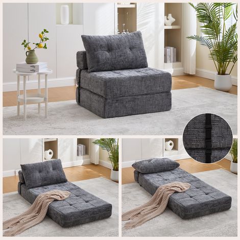 Canapé-lit convertible au sol avec matelas pliable – Dossier réglable et coussins inclus – Modèle portable en tissu chenille – Idéal salon et chambre – Gris (1/5)