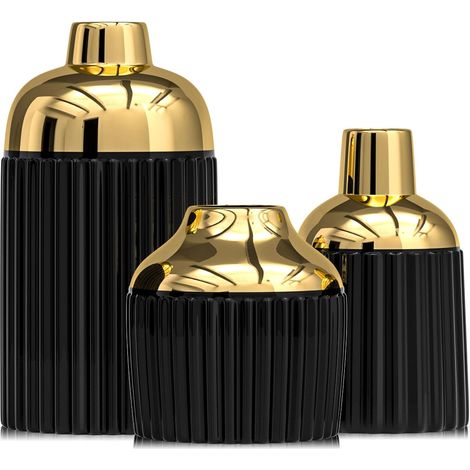 Ensemble de 3 vases en céramique dorée pour la décoration intérieure – Vases décoratifs Modernes pour Fleurs, Herbe de la Pampa et Eucalyptus – Design côtelé et esthétique (Noir) (1/5)