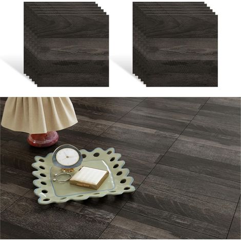 Carrelage Adhesif Sol Bois Noir 12 Pièces Dalles Adhesives Sol Texturé Gris Foncé Sol Vinyle Carré Imperméable Dalle Pvc Adhesive Sol pour Salon Chambre Dalle Garage Salle de Bain 30cm x 30cm (1/5)