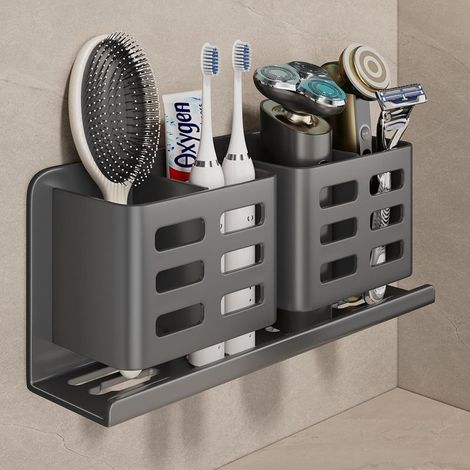 (Gris, 4 Compartiments)Porte Brosse à Dents électrique Mural, Aluminium Porte Brosse à Dents sans percer pour Salle de Bain Support de Brosse à Dents Autocollant Porte tête de Brosse à Dents (1/5)