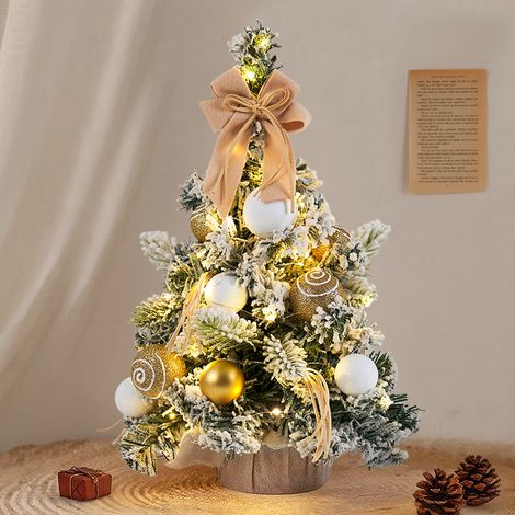 Petit sapin de Noël de table enneigé 30 cm, décor nœuds dorés, avec guirlande lumineuse offerte (1/4)
